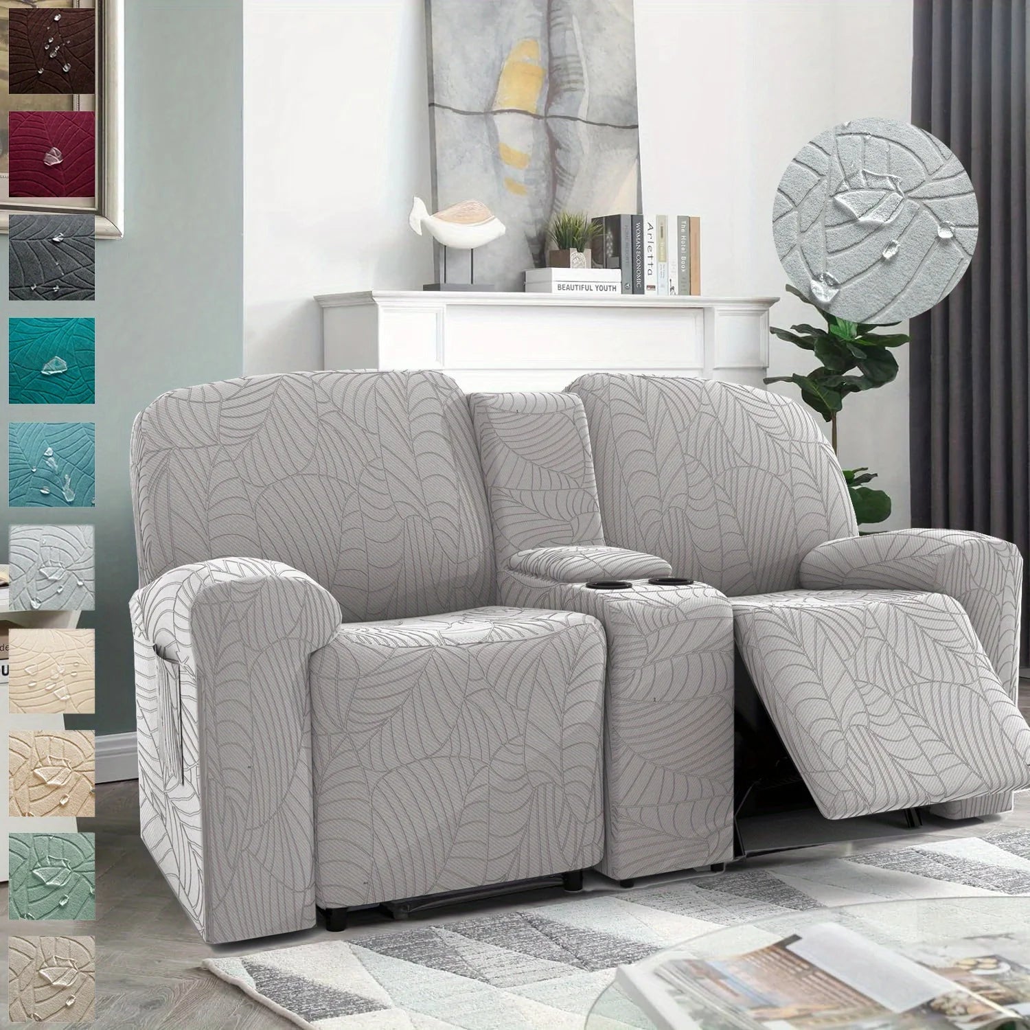 6Pcs/Set Water Resistant Leaf Texture Jacquard Stretch Recliner Loveseat Center Console Sofa Cover Spandex 2 Seater Sofa Cover