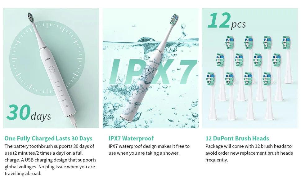 Sejoy Sonic Electric Toothbrush for Adults Rechargeable 5 Cleaning Modes Ultra Sonic Toothbrush with 12 Brush Heads Smart Timer - Jess Deals