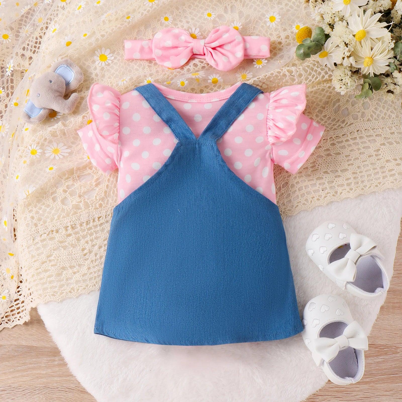 PatPat 3pcs Baby Girl Polka Dot Pattern Romper and Denim Overall Dress with Headband