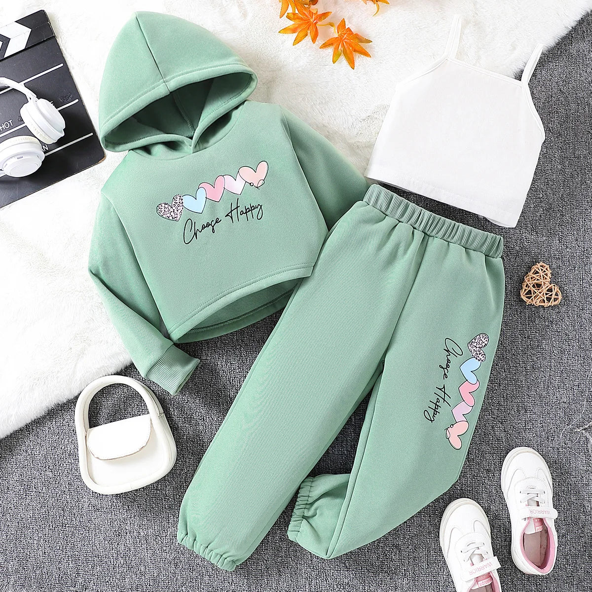 Three piece girls' love letter printed fleece hooded long sleeved sweatshirt and white camisole with printed fleece pants