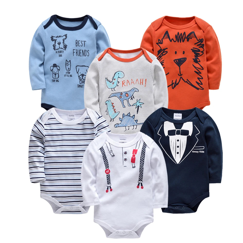 KAVKAS Baby Boy Clothes 6 Pcs/Lot Long Sleeve roupa bebes Bodysuit 0-24 Months Cartoon Print Newborn Cotton Jumpsuit