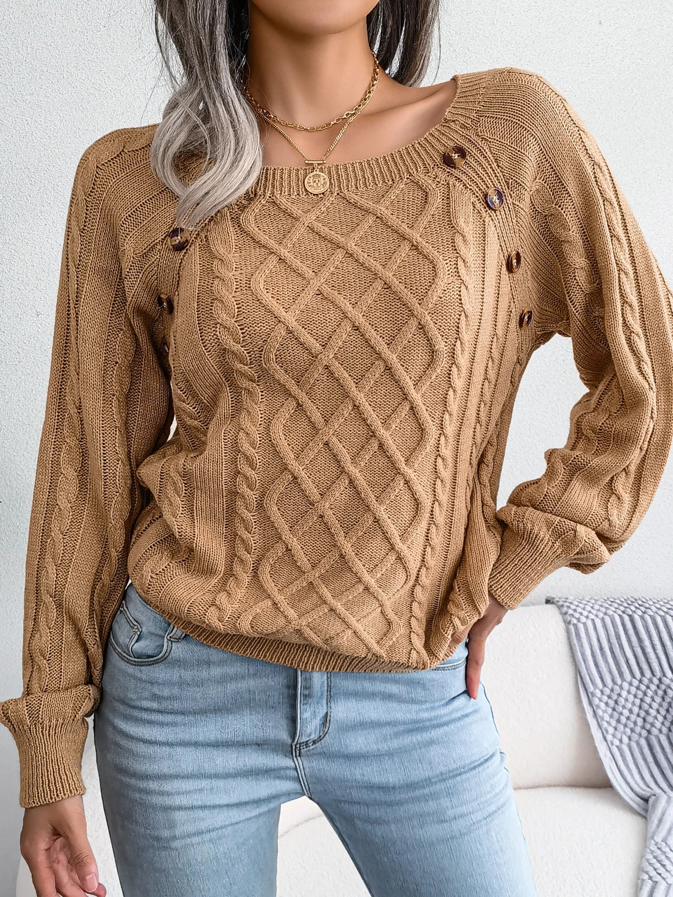 Women Casual Square Collar Buttons Long Sleeve Knitted Pullovers And Sweaters For Autumn Winter 2023