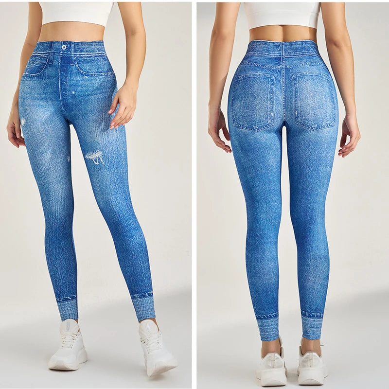 Women High Waist Sport Leggings Denim Pattern Yoga Pants Hip lifting Running Trousers Girls Elastic Quick Dry Gym Fitness Tights