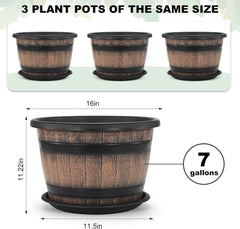 3 Pack 16 inch Plant Pots,Whiskey Barrel Planters with Drainage Holes & Saucer Flower Pots Imitation Wine Barrel Design