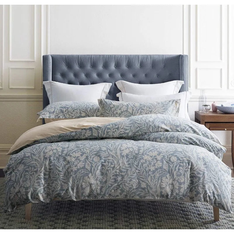 Duvet Cover Queen Size, 600 Thread Count Cotton Beige & Bluish Grey Printed with Luxurious Leaves Pattern Reversible Botanical
