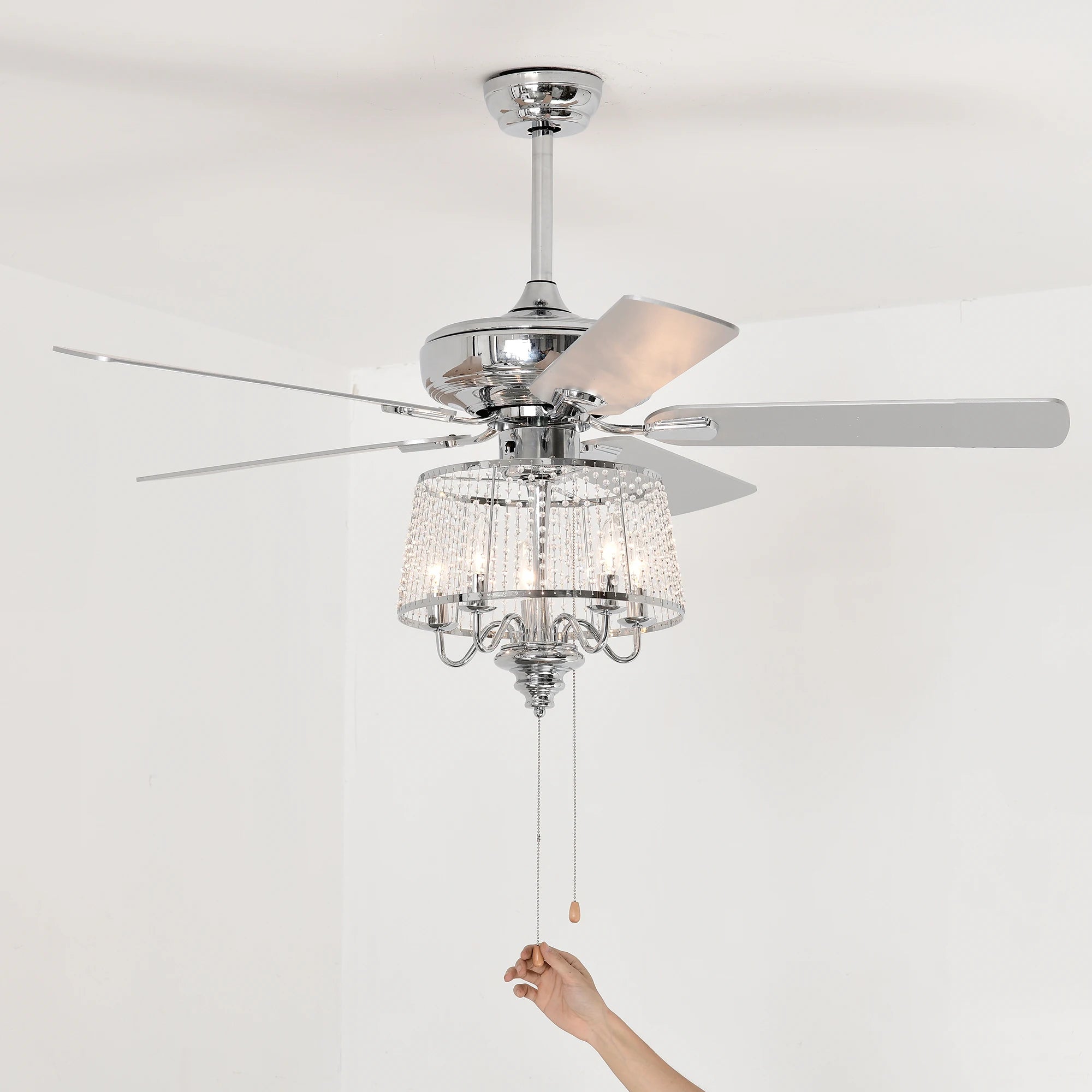 52 Inch Crystal Ceiling Fan , Modern Electrical Fan with 5 Wood Reversible Blades, 4 Bulbs Not Included,Noiseless Reversible AC