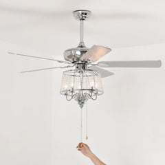 52 Inch Crystal Ceiling Fan , Modern Electrical Fan with 5 Wood Reversible Blades, 4 Bulbs Not Included,Noiseless Reversible AC