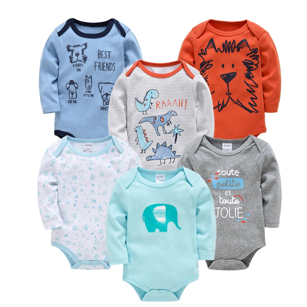 KAVKAS Baby Boy Clothes 6 Pcs/Lot Long Sleeve roupa bebes Bodysuit 0-24 Months Cartoon Print Newborn Cotton Jumpsuit