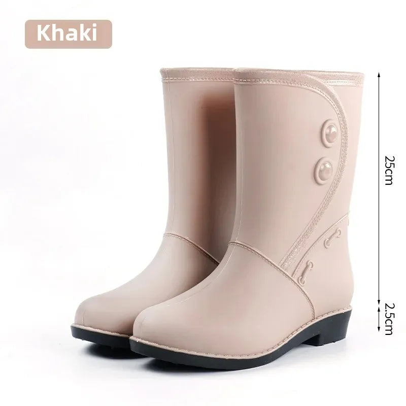 Outdoor Fashion Mid Tube Low Heel Women's Rain Boots Four Seasons Waterproof Car Wash Non-slip Kitchen Work Boots