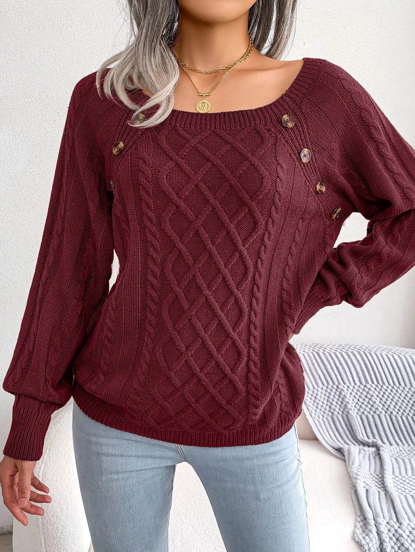 Women Casual Square Collar Buttons Long Sleeve Knitted Pullovers And Sweaters For Autumn Winter 2023