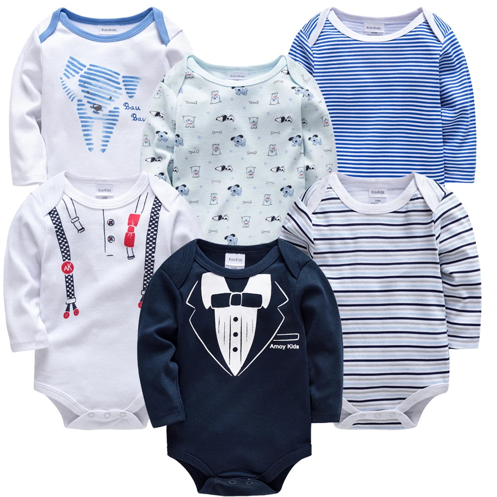 KAVKAS Baby Boy Clothes 6 Pcs/Lot Long Sleeve roupa bebes Bodysuit 0-24 Months Cartoon Print Newborn Cotton Jumpsuit