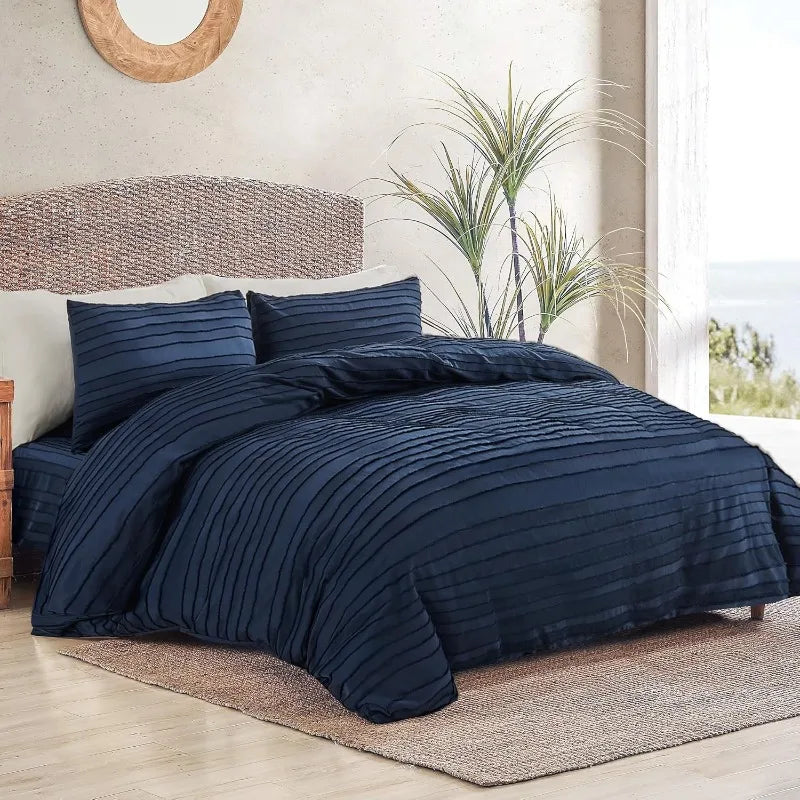 Duvet Cover Queen Size, Navy 3 Pieces Boho Tufted Duvet Cover Set, Soft and Lightweight Microfiber Comforter Cover Set