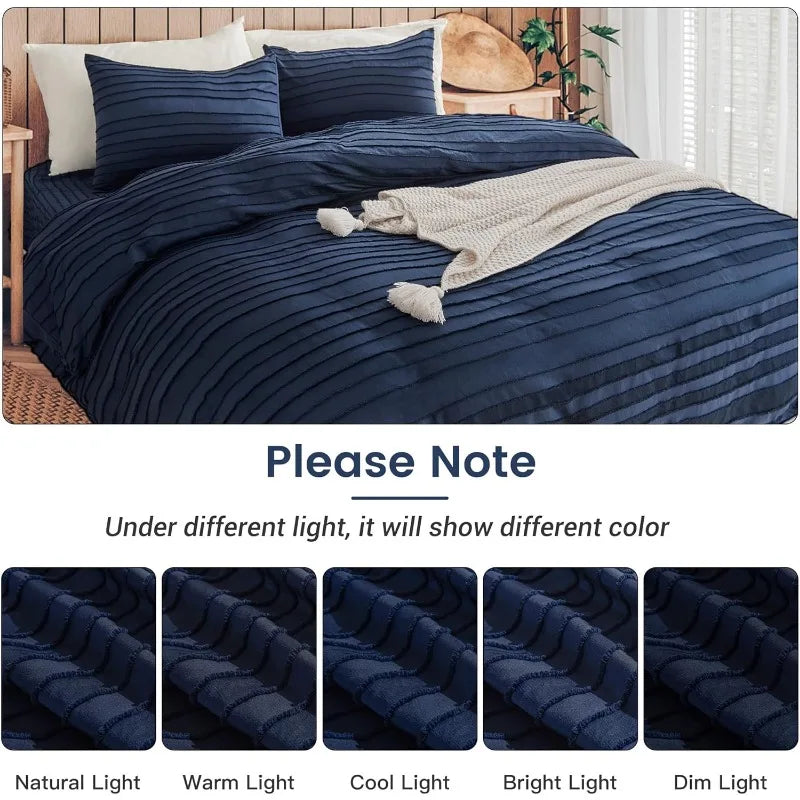 Duvet Cover Queen Size, Navy 3 Pieces Boho Tufted Duvet Cover Set, Soft and Lightweight Microfiber Comforter Cover Set