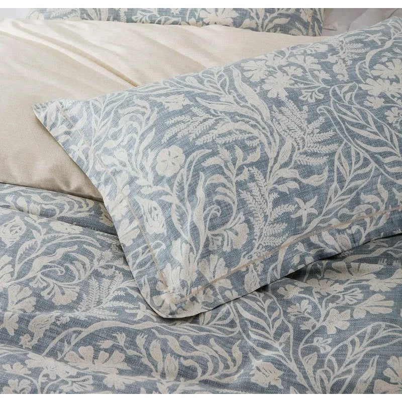 Duvet Cover Queen Size, 600 Thread Count Cotton Beige & Bluish Grey Printed with Luxurious Leaves Pattern Reversible Botanical