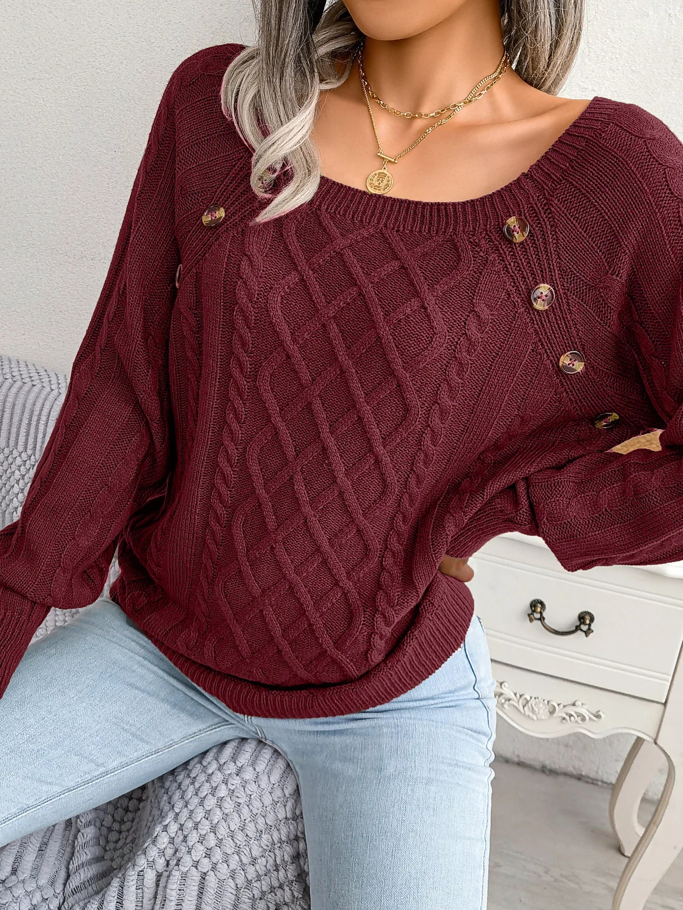 Women Casual Square Collar Buttons Long Sleeve Knitted Pullovers And Sweaters For Autumn Winter 2023