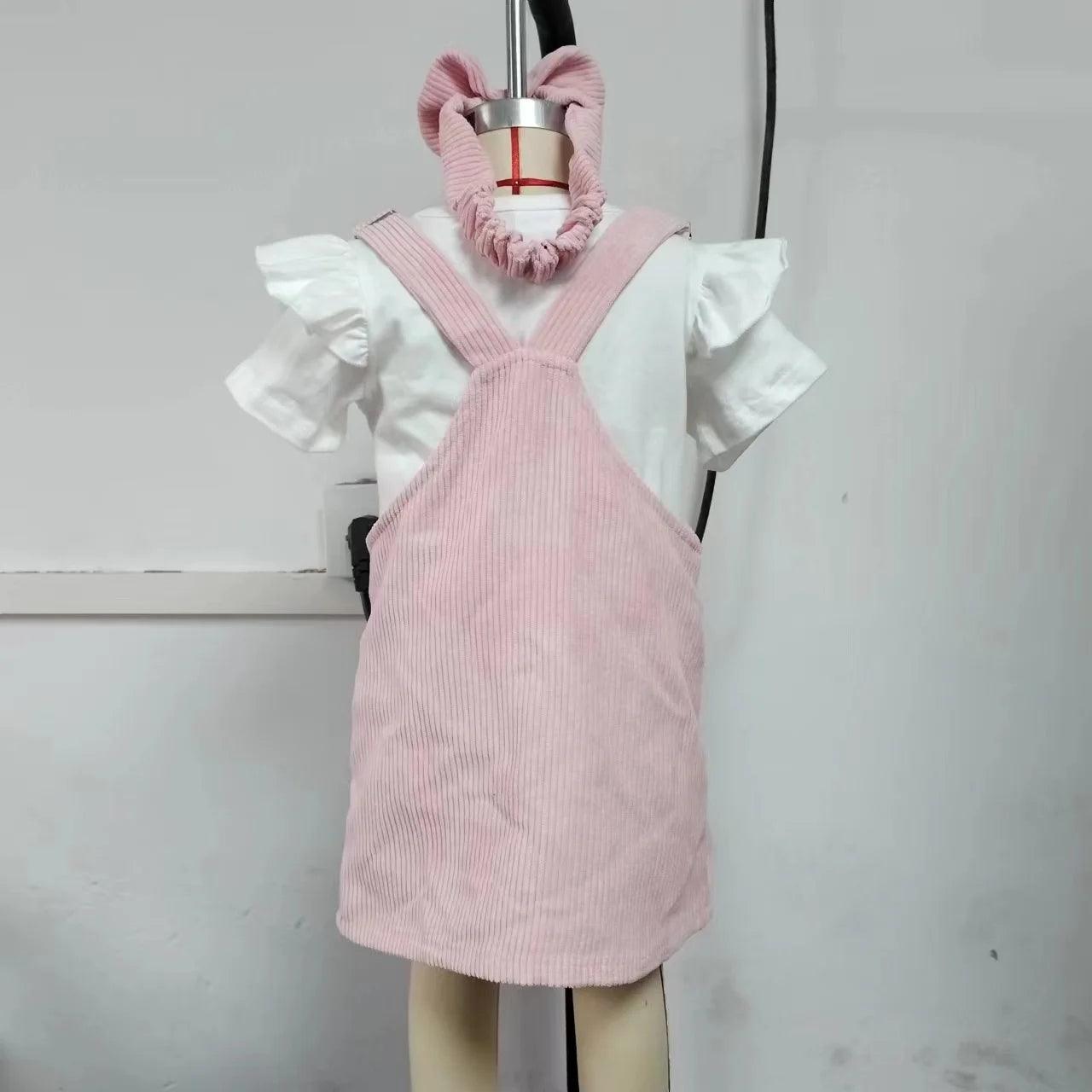 PatPat 3pcs Baby Girl Polka Dot Pattern Romper and Denim Overall Dress with Headband
