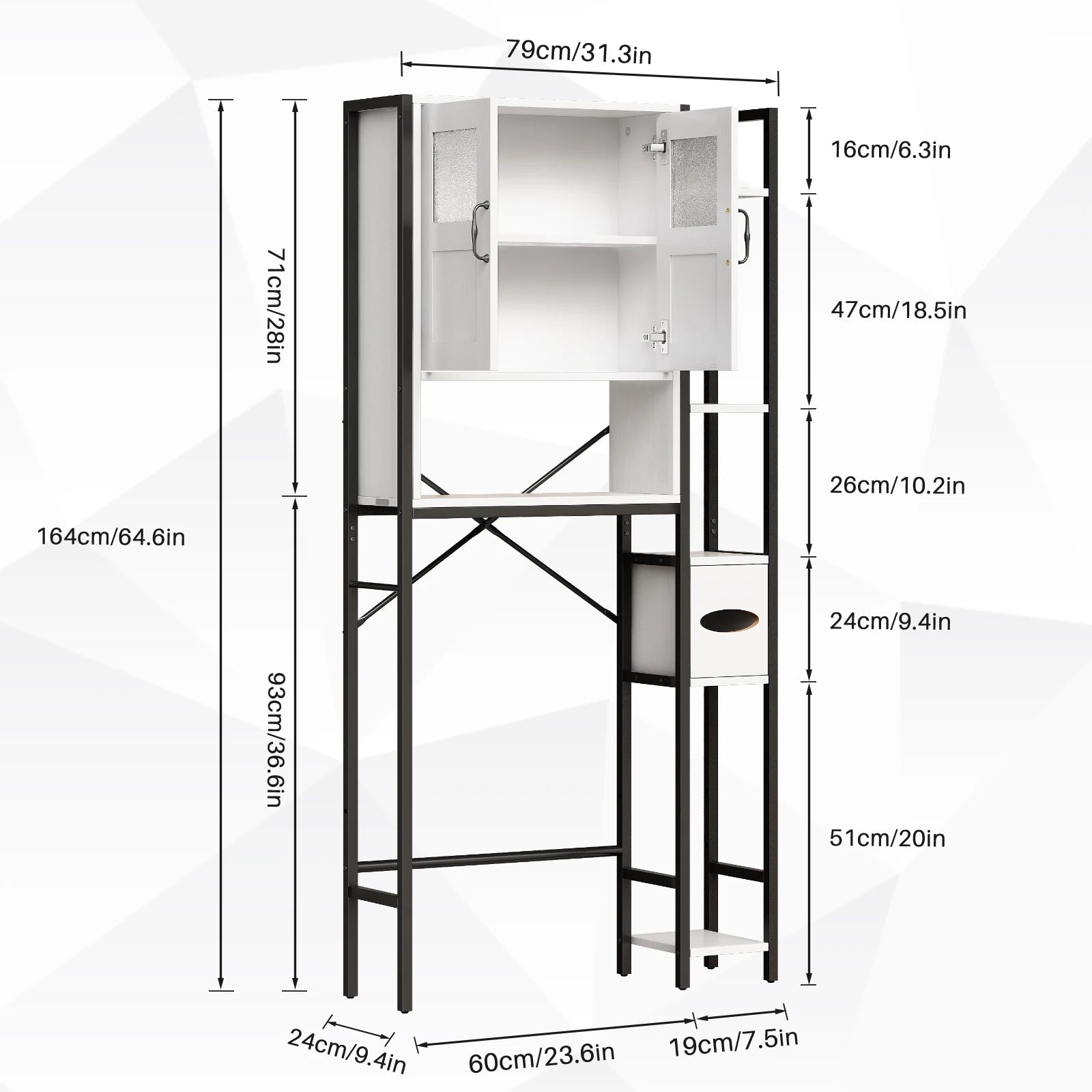 Over The Toilet Cabinet, Bathroom Storage Organizer 64.6 inch Tall Toilet Rack w/ Adjustable Open Shelves & Double Doors