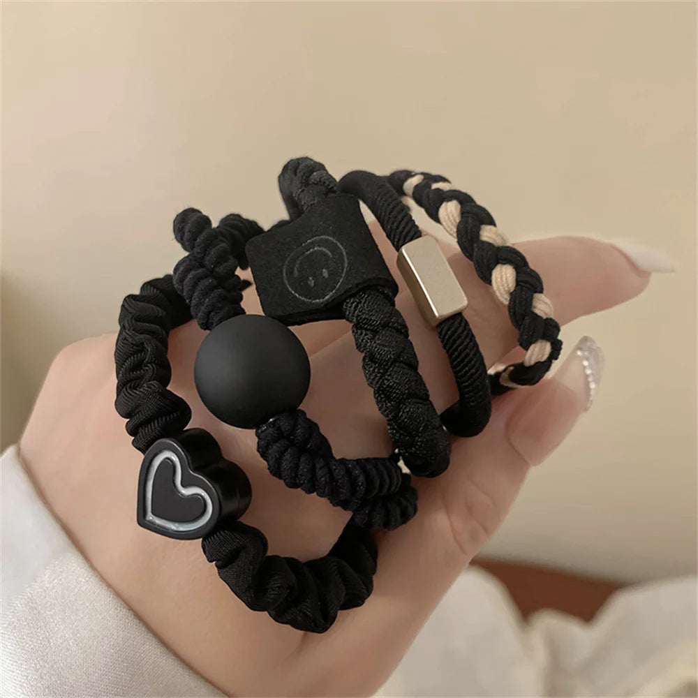 5pcs/Set Simple Heart Ball Charms Scrunchie No Damage Elastic Braided Hair Ties Ropes Women Girls Ponytail Holder Rubber Bands