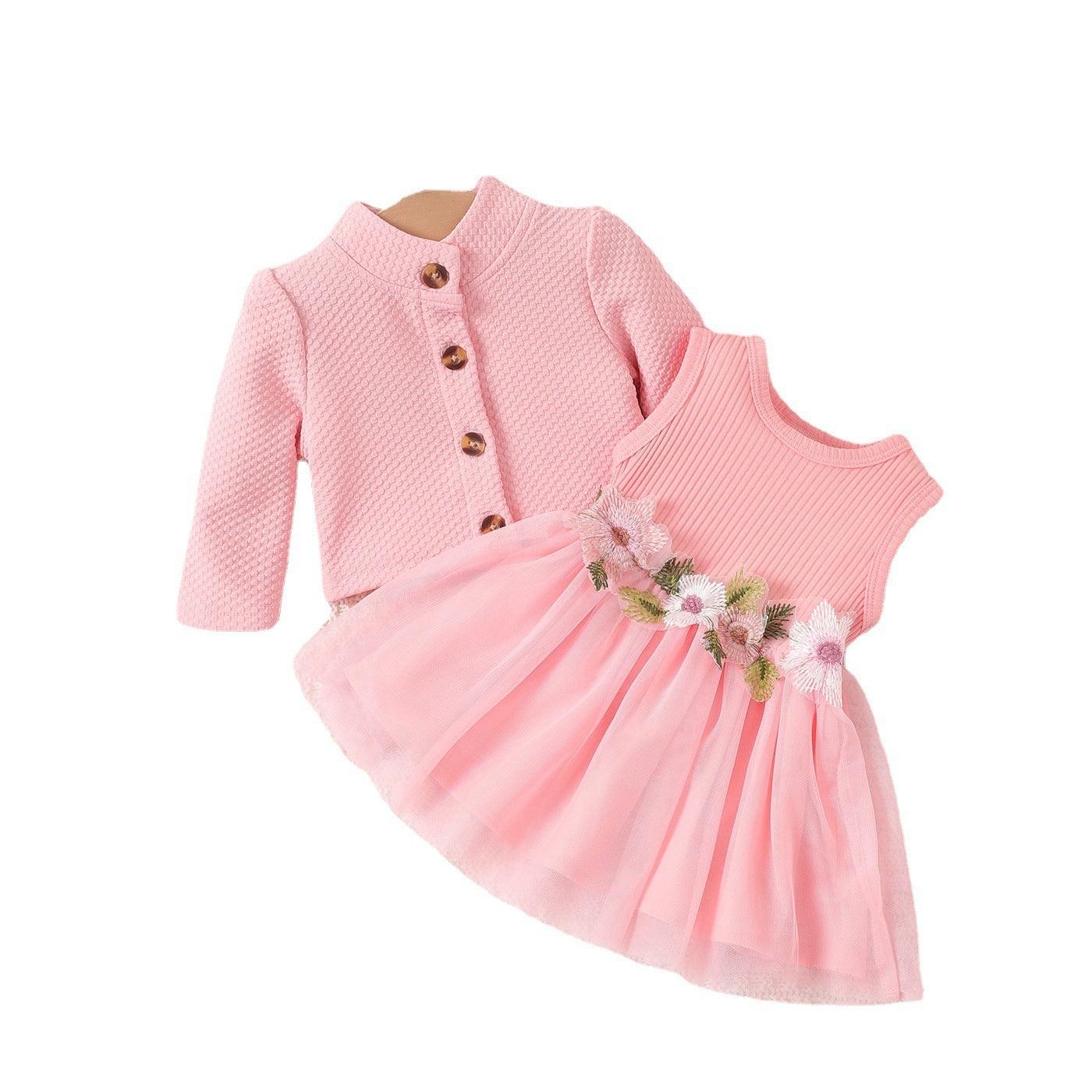 Children's Sweet Applique Mesh Dress Solid Color Plaid Coat Two-piece Set - Jess Deals
