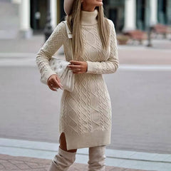 Fashion Turtleneck Knitted Dress With Slit Design Winter Warm Solid Color Pullover Long Sweater Women's Clothing - Jess Deals