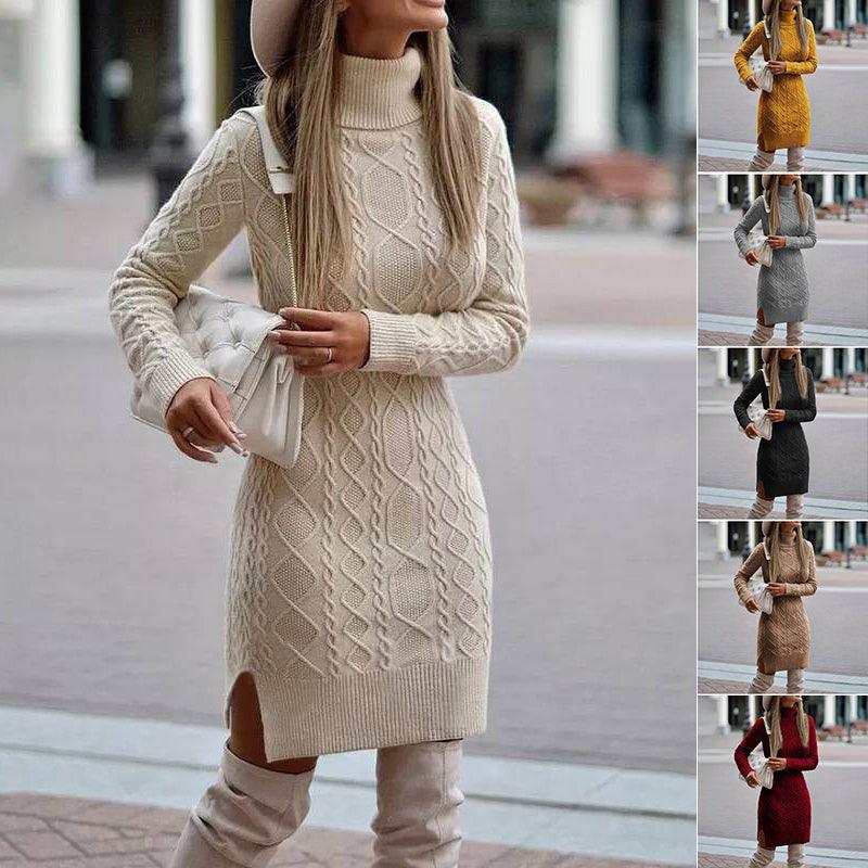 Fashion Turtleneck Knitted Dress With Slit Design Winter Warm Solid Color Pullover Long Sweater Women's Clothing - Jess Deals