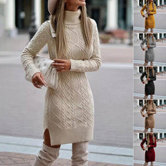 Fashion Turtleneck Knitted Dress With Slit Design Winter Warm Solid Color Pullover Long Sweater Women's Clothing - Jess Deals