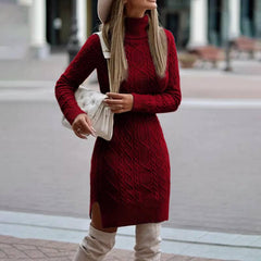Fashion Turtleneck Knitted Dress With Slit Design Winter Warm Solid Color Pullover Long Sweater Women's Clothing - Jess Deals