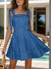 Square Neck Tie Shoulder Denim Dress - Jess Deals