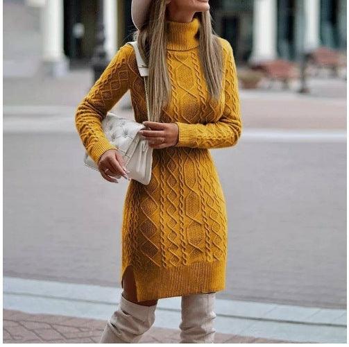 Fashion Turtleneck Knitted Dress With Slit Design Winter Warm Solid Color Pullover Long Sweater Women's Clothing - Jess Deals