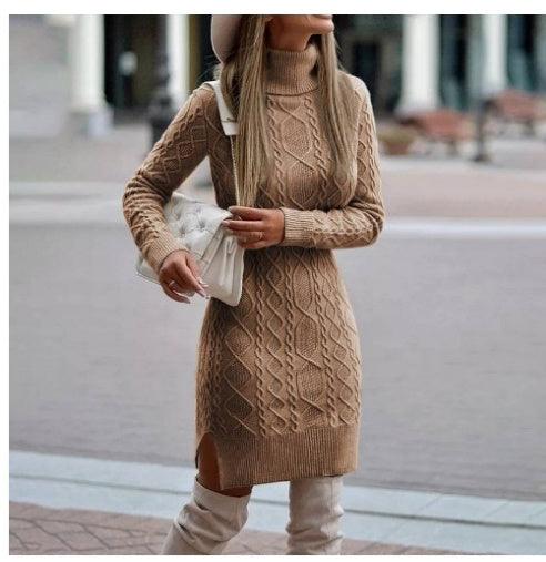 Fashion Turtleneck Knitted Dress With Slit Design Winter Warm Solid Color Pullover Long Sweater Women's Clothing - Jess Deals
