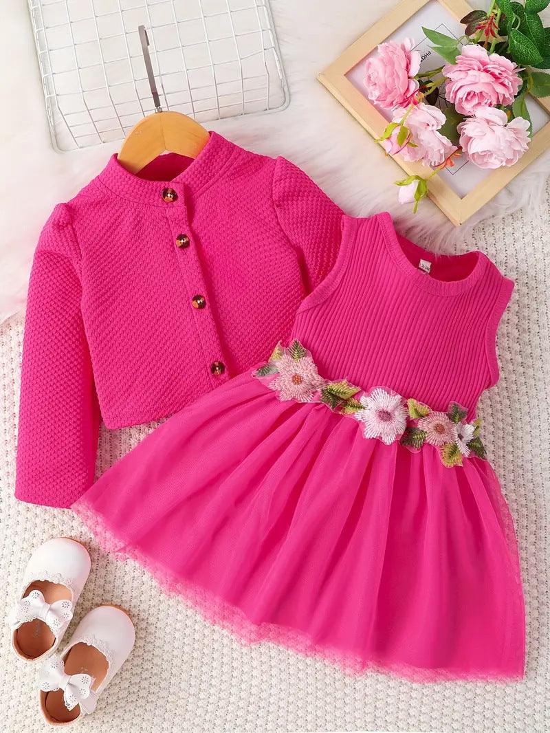 Children's Sweet Applique Mesh Dress Solid Color Plaid Coat Two-piece Set - Jess Deals
