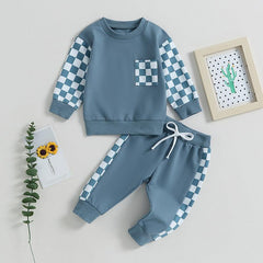 Boys' Chessboard Plaid Patchwork Sweater Sweatpants 2-piece Set - Jess Deals