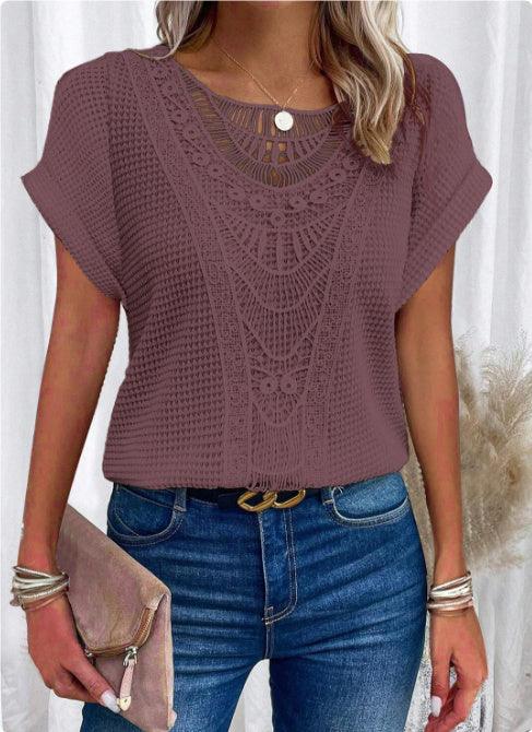 Summer Hollow Out Short-sleeved T-shirt Women's Clothing - Jess Deals