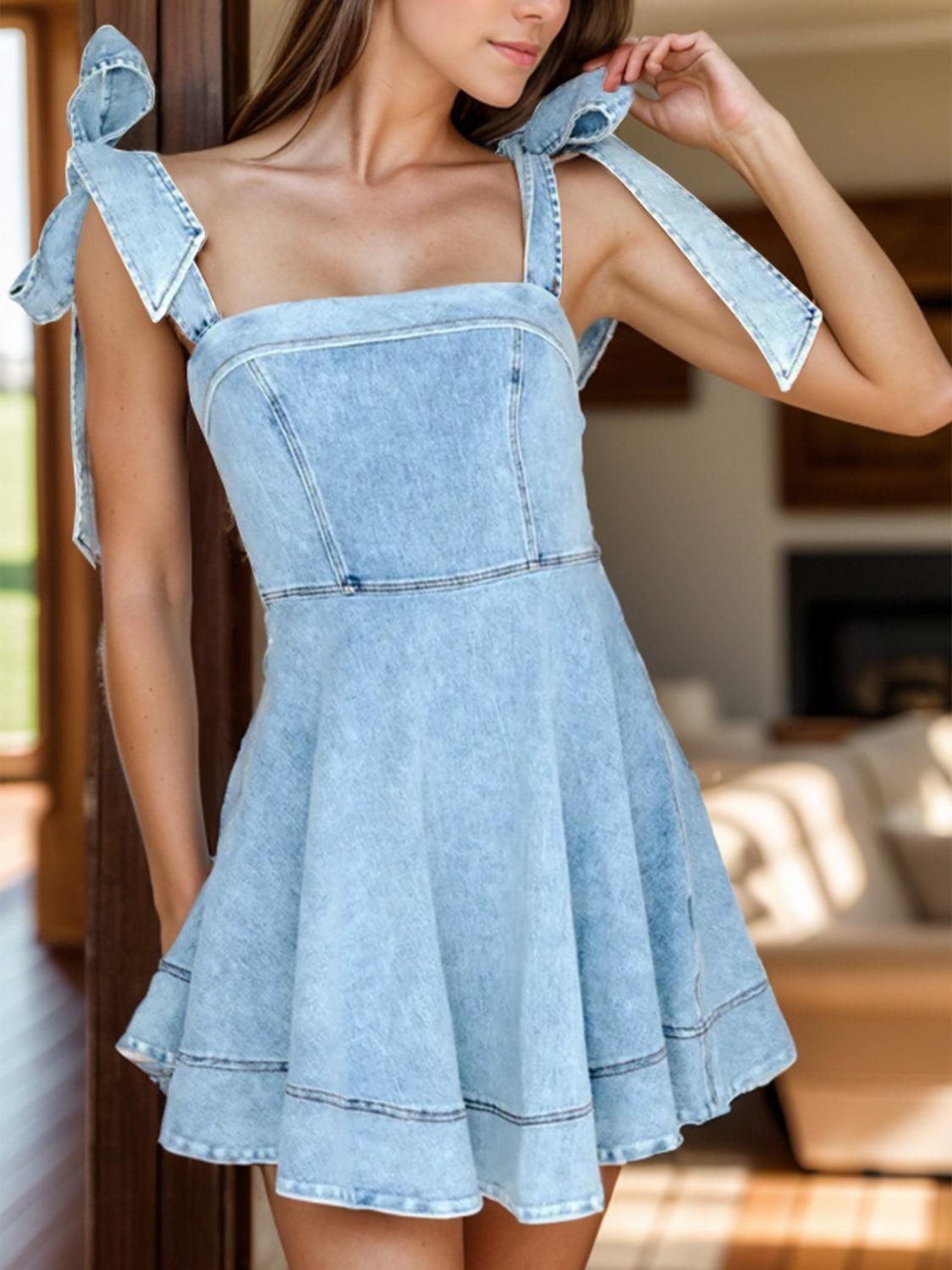Square Neck Tie Shoulder Denim Dress - Jess Deals