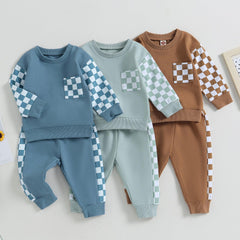 Boys' Chessboard Plaid Patchwork Sweater Sweatpants 2-piece Set - Jess Deals