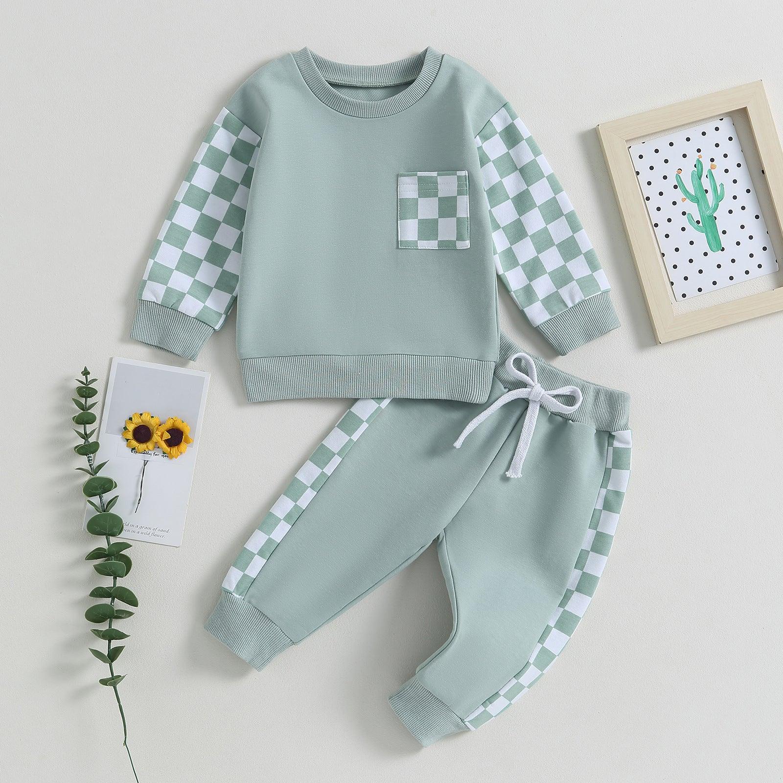 Boys' Chessboard Plaid Patchwork Sweater Sweatpants 2-piece Set - Jess Deals