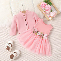 Children's Sweet Applique Mesh Dress Solid Color Plaid Coat Two-piece Set - Jess Deals