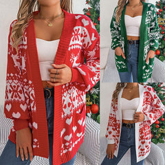2024 Christmas Clothes Women's Open Front Cardigan Knitwear Lantern Sleeve Xmas Printed Oversized Deer Sweater Pockets Knitted - Jess Deals