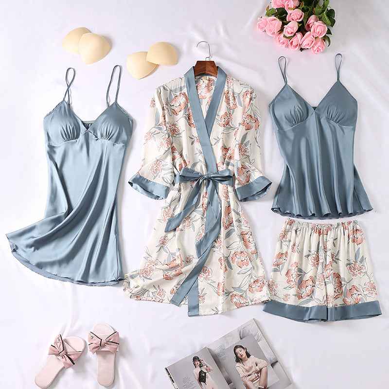Home Casual Cardigan Pajamas Set Women’s Home Clothes Four-piece Set Fashionabley Home Clothes