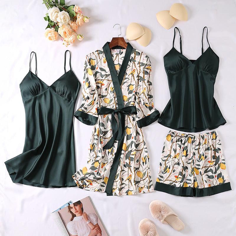 Home Casual Cardigan Pajamas Set Women’s Home Clothes Four-piece Set