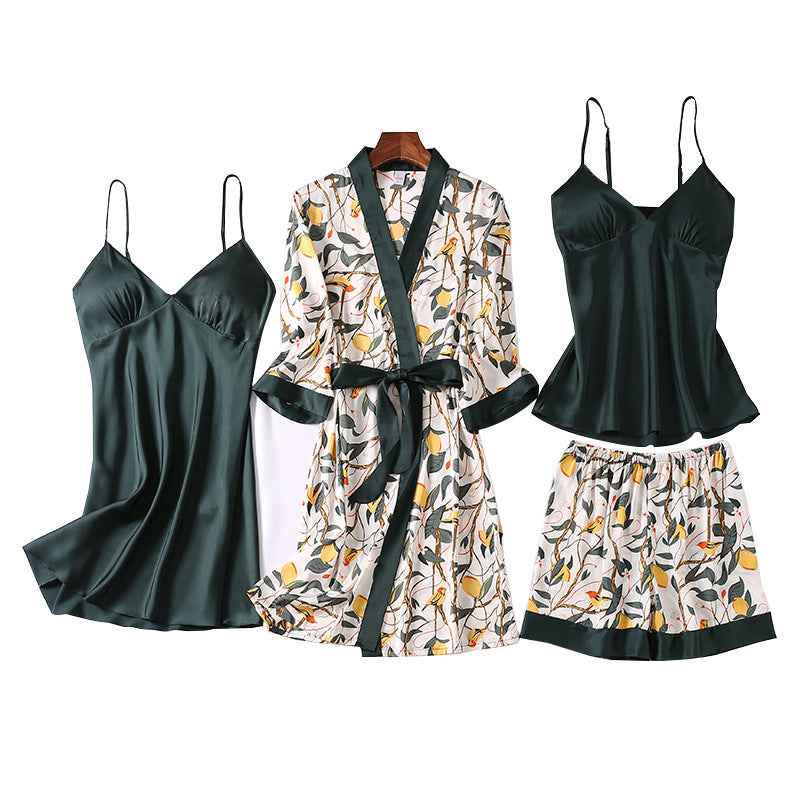 Home Casual Cardigan Pajamas Set Women’s Home Clothes Four-piece Set Fashionabley Home Clothes