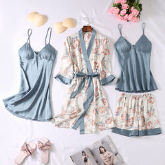 Home Casual Cardigan Pajamas Set Women’s Home Clothes Four-piece Set