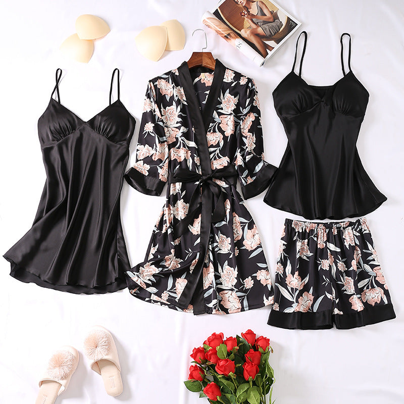 Home Casual Cardigan Pajamas Set Women’s Home Clothes Four-piece Set